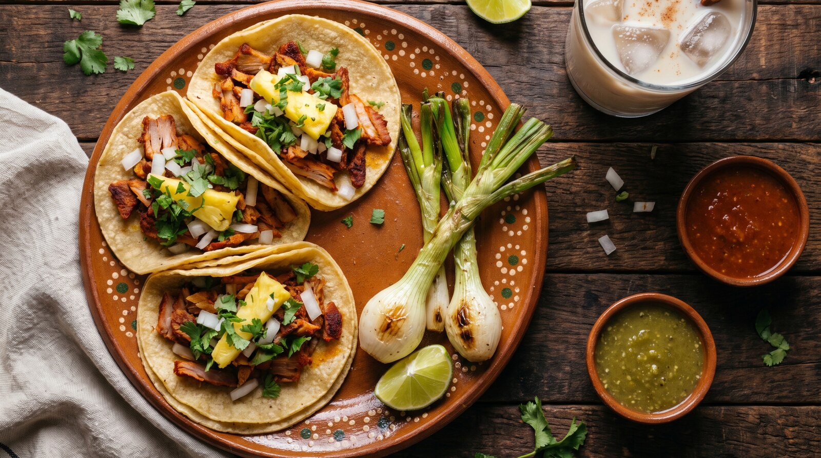 Charola servida con salsas, cebolla, cilantro y un vaso alto junto a un cargador de marca