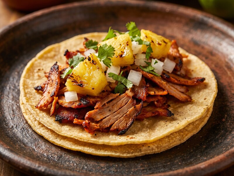Taco al pastor servido en tortilla recién hecha