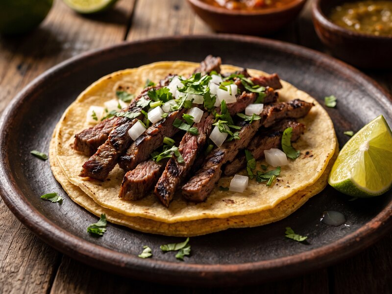 Taco de bistec con salsa roja